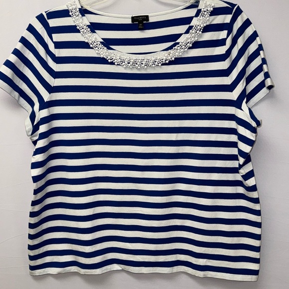 Talbots Woman Tops - Talbots Woman Shirt Short Sleeve Blue and White Stripe Beaded Size 2X